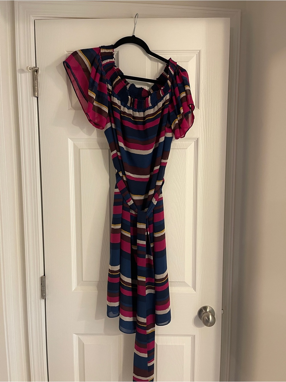 NWOT Trina Turk Navy, Pink and Teal Off-Shoulder Striped Mini Dress - Picture 2 of 4